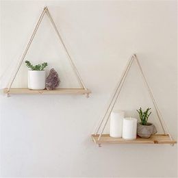 Decorative Objects Figurines Premium Wood Swing Hanging Rope Wall Mounted Floating Shelves Plant Flower Pot Indoor Outdoor Decoration Simple Design 230616