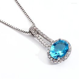 Pendant Necklaces Aqua Blue Zircon Necklace Vintage Silver Color Chain Female Luxury Crystal Oval Stone For Women Party