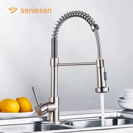 Bathroom Sink Faucets Senlesen Brushed Nickel Spring Kitchen Faucet Double Modes Copper Rotatable Deck Mounted and Cold Water Mixer Tap Crane 230616