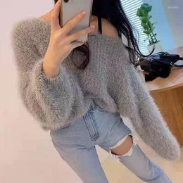 Women's Sweaters Faux Mink Cashmere Knit Jumpers Loose Casual Winter Women Korean Knitwear O-Neck Cute Hairy Soft Solid Colour O353