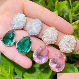 Bracelet Earrings Necklace Cwwzircon Large Green Pink Water Drop Cubic Zirconia Stone Paved Dangle For Women Chic Dhgarden Dhogx