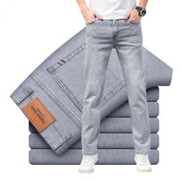 Brand Straight Lightweight Cotton Stretch Denim Mens Business Casual High Waist Thin Light Grey Jeans