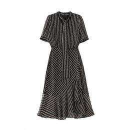 2023 Summer Black Contrast Color Ribbon Tie Bowknot Lace Dress Short Sleeve V-Neck Midi Casual Dresses W3L041701
