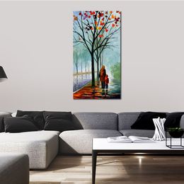 Street Landscape Canvas Art Stroll with Mama Handmade Modern Painting for Family Room Decor