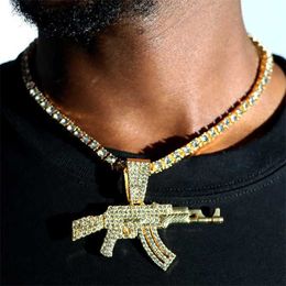 Pendant Necklaces Fashion Bling Iced Out 5mm Tennis Chain Necklace for Women Men with Submachine Gun Hip Hop Rapper Jewellery Gift 230613