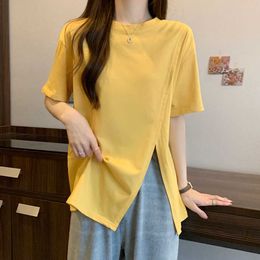 Loose Split Short Sleeve for Women's 2023 Summer New 2023 Fashionable and Unique Mid length Slim T-shirt Top Small Style blouses women