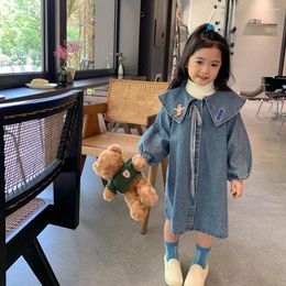 Girl Dresses Girls' Denim Skirt Children's Dress Western Style Versatile Korean Version Embroidered Large Lapel