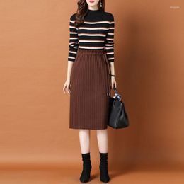 Casual Dresses Women 2023 Autumn Winter Clothes Stripes Knitted Female Half High Collar Vestidos Ladies Loose Sweater Dress W214