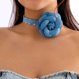 Pendant Necklaces Blue Denim Strip with Large Flower Choker Necklace for Women Trendy 2023 Fashion Jewellery on Neck Accessories Ladies Girls Gifts 230613