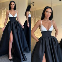 Sexy Black White Prom Dresses SPaghetti A Line Party Evening Gowns Pleats Slit Semi Formal Red Carpet Long Special Occasion dress