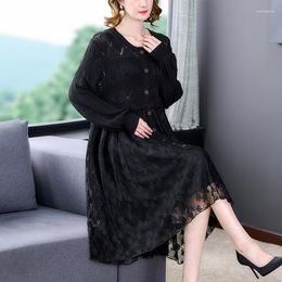 Casual Dresses Black Knit Cutout Sexy Mid Length Shirt Dress Spring Summer Long Sleeve Elegant Body 2023 Ladies Korean