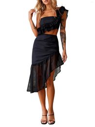 Skirts Women 2 Piece Outfits One Shoulder Ruffle Tube Tops And Low Waist Slit Asymmetrical Hem Tassel Midi Skirt Sets Black Medium