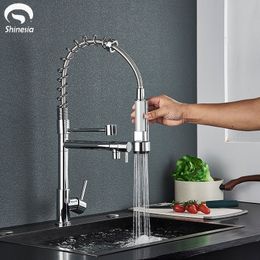 Bathroom Sink Faucets Shinesia Chrome Finished Pull Out Spring Kitchen Faucet Swivel Spout Vessel Mixer Tap and Cold 230616