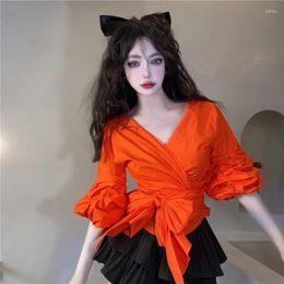 Women's Blouses Women Blouse Tops Folds Waist Belt V Neck Lady Bow Puff Sleeve Fashion Casual Shirts Female Clothes Blusas 2023