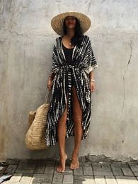 Women's Swimwear Summer Beach Cover Ups Vintage Printed Belted Kimono Swimwear Long Cardigan Casual Loose Beachwear Outfits Swimsuit Covers Robe 230616