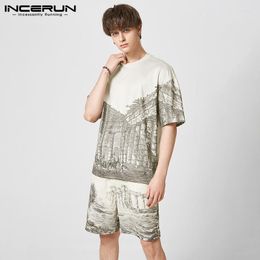 Men's Tracksuits 2023 Summer Men Sets Printing O-neck Short Sleeve T Shirt & Shorts Two Pieces Streetwear Fashion Casual Suits INCERUN