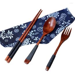 Dinnerware Sets Japanese Vintage Wooden Chopsticks Spoon Fork Tableware 3Pcs Set Gift Western Wood Dessert Fruit Servin