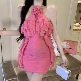 Casual Dresses Hsa Sexy Rose Pink Ruffles Halter Mini Dress Women Sleeveless Hip Wrap 2023 Summer Vocation Beach Robe Boho