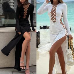 Casual Dresses Bandage Lace Up Sexy Slit Maxi Dress For Women Outfits Fashion Party Club Summer Autumn Long Sleeve Vestido