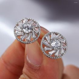 Stud Earrings Charm Big Sunflower For Women Rose Gold Silver Colour Wedding Cute Female White Round Crystal CZ