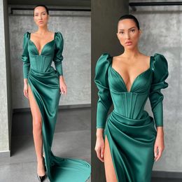 Sexy Emerald Green Prom Dresses V Neck Sleeves Party Evening Gowns Pleats Slit Semi Formal Red Carpet Long Special Ocn Dress