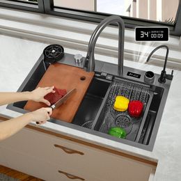 Kitchen Sinks Waterfall Sink 304 Stainless Steel Large Single Slot With Multifunction Touch Faucet Above Counter 230616