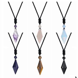 Pendant Necklaces Natural Crystal Quartz Hexagonal Cone Necklace For Women Men Double Point Faceted Cut Healing Stone Jewellery Drop D Dhxck