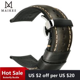 Watch Bands MAIKES Genuine Leather Watchband 18mm-24mm Calf Leather Watch Band Butterfly Buckle Strap Bracelet Accessories Wristbands 230616