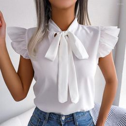 Women's Blouses Women Summer Elegant And Shirts Ruffle Short Sleeves Lace Up Tie Bow-knot Solid Colour Stand Collar Office Lady Blusas