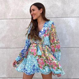 Casual Dresses Boho Inspired Floral Print DRESS Women Long Sleeve Ruffled Summer Colour Blocked Mini Chic