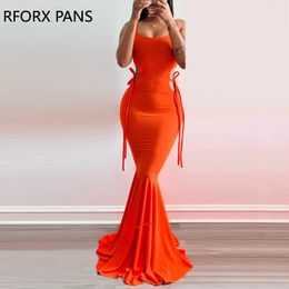 Urban Sexy Dresse Solid Elegant Glamourous Tank Midriff Lace Up Shirring Silt Maxi Mermaid Bodycon Party Formal Dress 230617