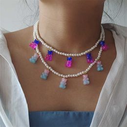 Beaded Necklaces Zx Cute Gummy Bear Pendant Necklace Women Vintage Handmade Simulated Pearl Chokers Short Wholesale Dropshipping 230613