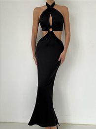 Casual Dresses Women 2023 Summer Halter Neck Bandage Backless Long Dress Elegant Female Hollow Out High Waist Evening Party Prom Black