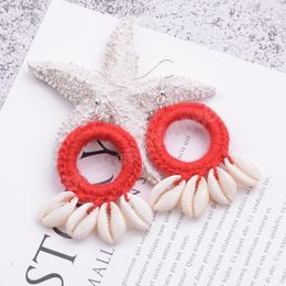Fashion Boho Beach Shell Crochet Earrings Woven Cotton Rope Large Circle Shell Tassel Dangle Drop Earring For Women