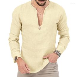 Men's T Shirts Vintage Cotton Linen Shirt Mens Tops Casual Loose Long Sleeve V Neck Leisure Solid Color Men Clothes T-shirt Classic Tee