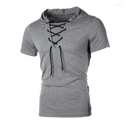 Men's T Shirts 2023 Men Shirt Summer Personality Hooded Tees Lacing Short Sleeve T-Shirt Homme Slim Fit Sportwear Clothing Mens Tshirt MY104