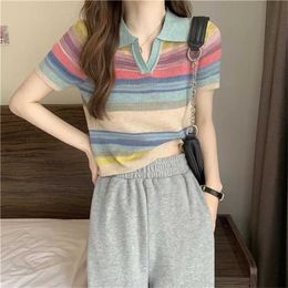 New Rainbow Stripe Polo Neck Sleeve T-shirt for Women's Summer Slim Fit Small and Short Knit mesh crop Top woman clothes 2023