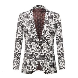 Men's Suits Blazers Men's Black Fashion Suit Jacket Wedding Groom Stage Singer Prom Slim Fit Blazers Black White Printed Suit Jacket Coat 230616