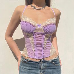 Women's Tanks IAMTY Y2k Lace Patchwork Purple Coquette Mesh Corset Women Sexy Backless Criss-cross Halter Camis Sweet Aesthetic Crop Top