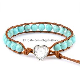 Beaded 6Mm Genuine Natural Stone Heartshaped Turquoises Leather Cord Bracelet For Women Men Jewelry Drop Delivery Bracelets Dhhad