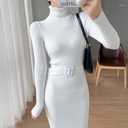 Casual Dresses Women Black White Turtleneck Knitting Bodycon Bottom Midi Dress Autumn Winter Keep Warm Waist Sweater With Belt