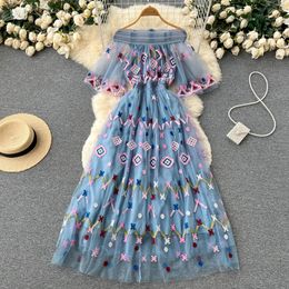 Casual Dresses Runway Fashion Spring Embroidery Mesh Long Maxi Dress For Women Elegant Celebrity Party Vestidos Sexy Robe Femme