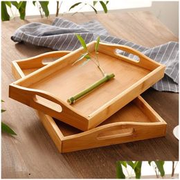 Breakfast Trays Bamboo Wooden Rectangar Tea Tray Solid Wood Cup Stand Dinner Plate Storage Tableware Drop Delivery Home Garden House Dhxkz