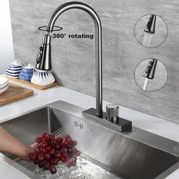 Bathroom Sink Faucets Waterfall Grey Kitchen Faucet Cold Mixer Wash Basin Multiple Water Outlets Rotation Flying Rain Tap Single Hole 230616