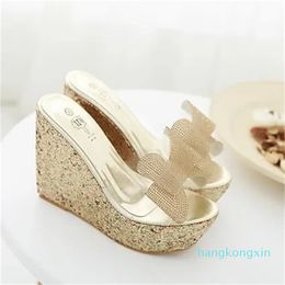 Designer glitter white gold crystal rhinestone bowknot wedge shoes bridal wedding shoes size 34 to 40
