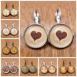 Coffee Latte Carving Love Art Glass Earrings Chocolate Print Flower Four Leaf Clover Glamour Jewelry Gift Women Girls