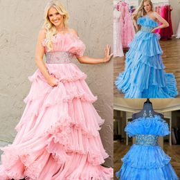 Strapless Ruffle Prom Dress 2k24 Ballgown Layered Voluminous Crystals Empire Periwinkle Lady Pageant Formal Evening Event Party Runway Black-Tie Gala Quince Rose