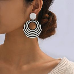 Dangle Earrings UJBOX Exaggerated Hollow Geometric Round Oval Acrylic Resin Jewellery Black & White Stripes For Women