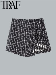 Women's Shorts TRAF Printed Women Shorts Skirts Thin Summer With Fringe Bow Tied High Waist Wrap Skorts Vintage Female Short Pants Y2K 230616