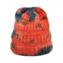 Berets FUODRAO Tie Dye Messy Bun Knit Hole Soft Stretch Cable Winter Hat For Women Cross Riband Caps Z24